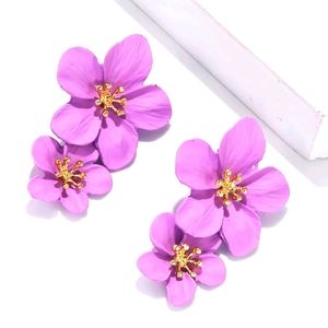 Purple Double Flower Drop Earrings